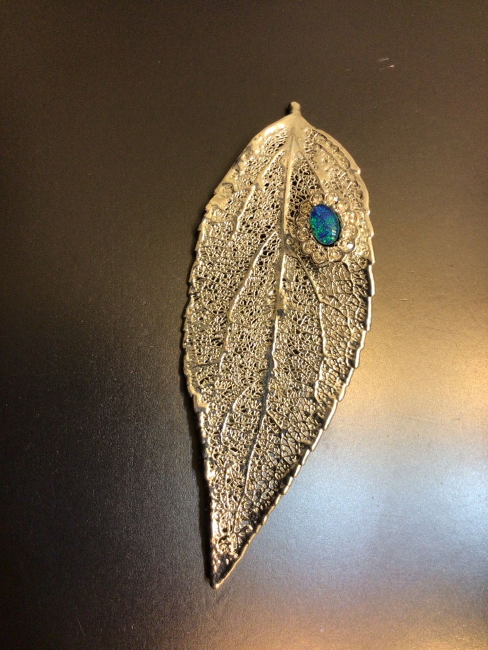 Opal & Bezel Set Sparkling Zirconia Silver Eucalyptus Leaf Brooch/Pendant